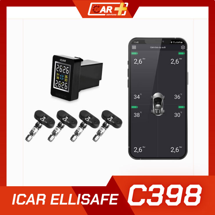 Cảm biến áp suất lốp Icar Ellisafe C398 lắp lỗ chờ, kết nối điện thoại