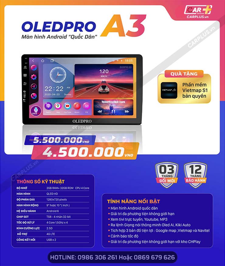 Thông số màn hình Android OledPro A3 New