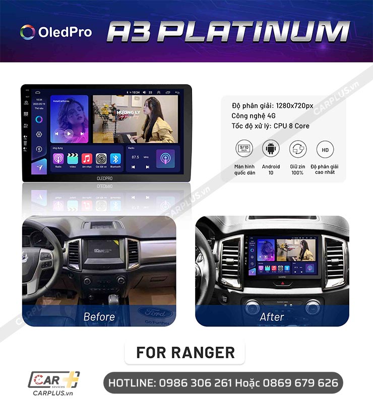 Màn hình Android OledPro A3 Platinum lắp cho xe Ford Ranger