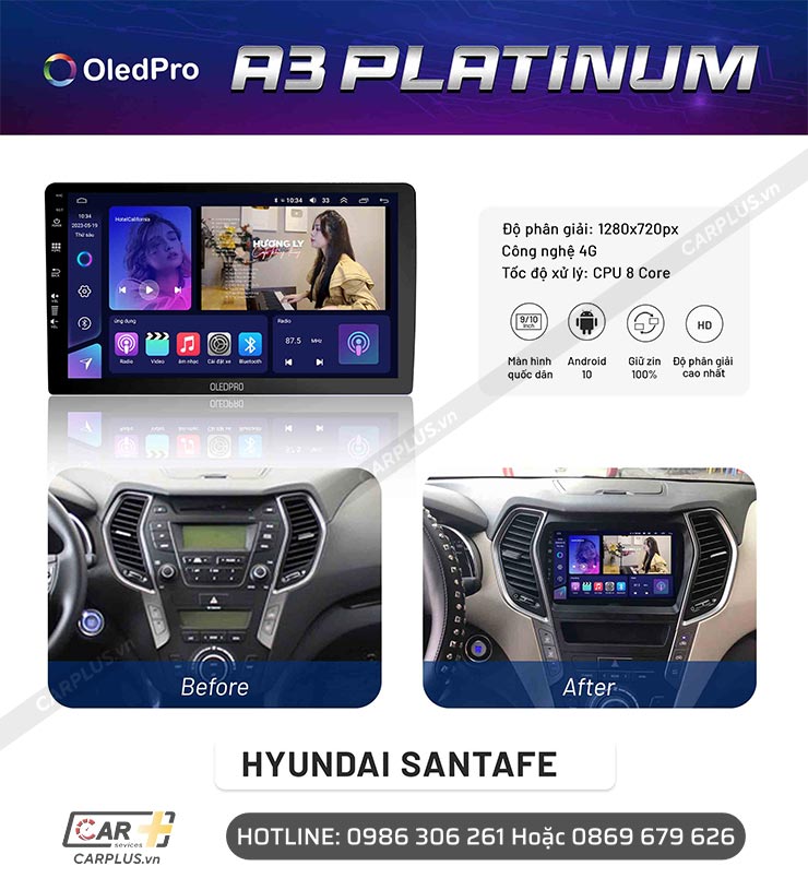 Màn hình Android OledPro A3 Platinum lắp cho xe Hyundai Santafe
