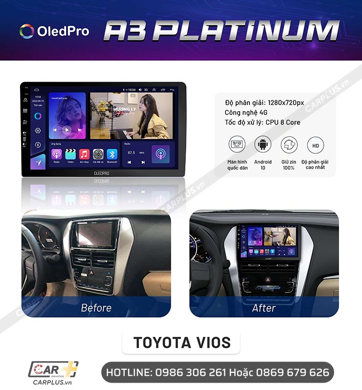 ​​​​​​​Màn hình Android OledPro A3 Platinum lắp cho xe Toyota Vios